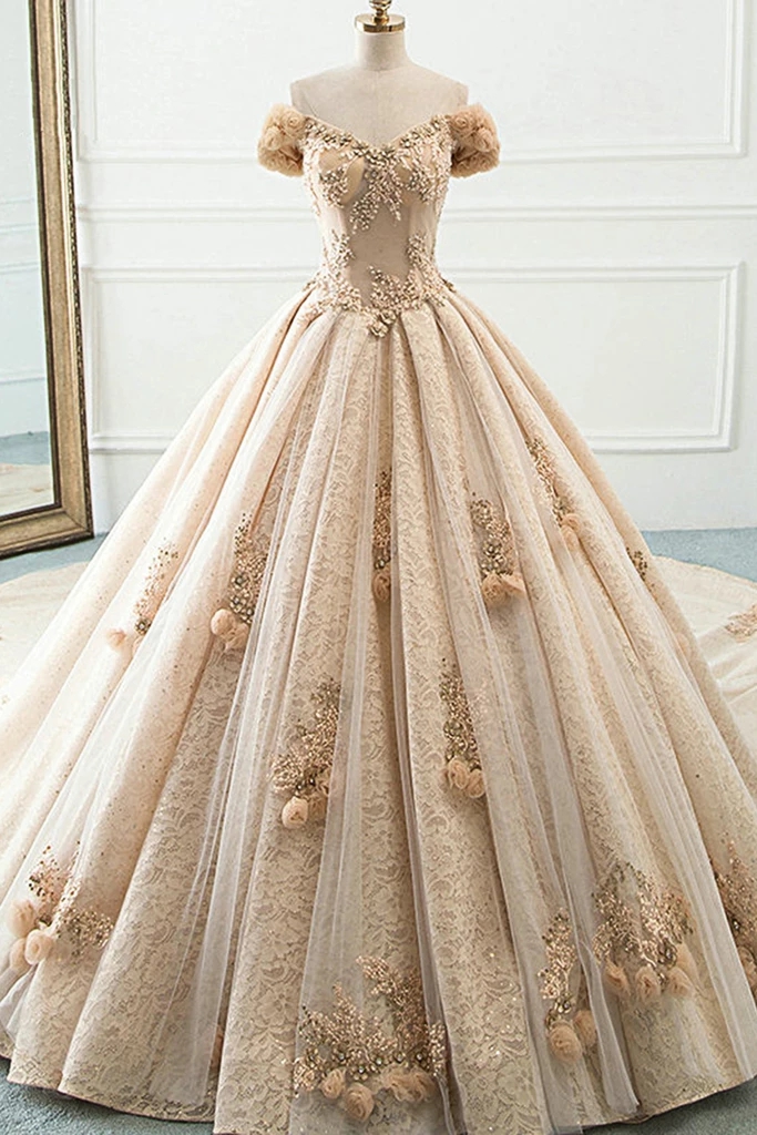 Enchanting Cap Sleeve Champagne Princess Wedding Dress With 3D Roses  Crystals Lace Turkey Ball Gown on Luulla