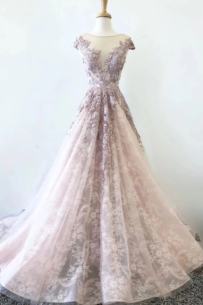 Elegant Scoop Cap Sleeve Lace Prom Dresses A-Line Sweep Train Unique ...